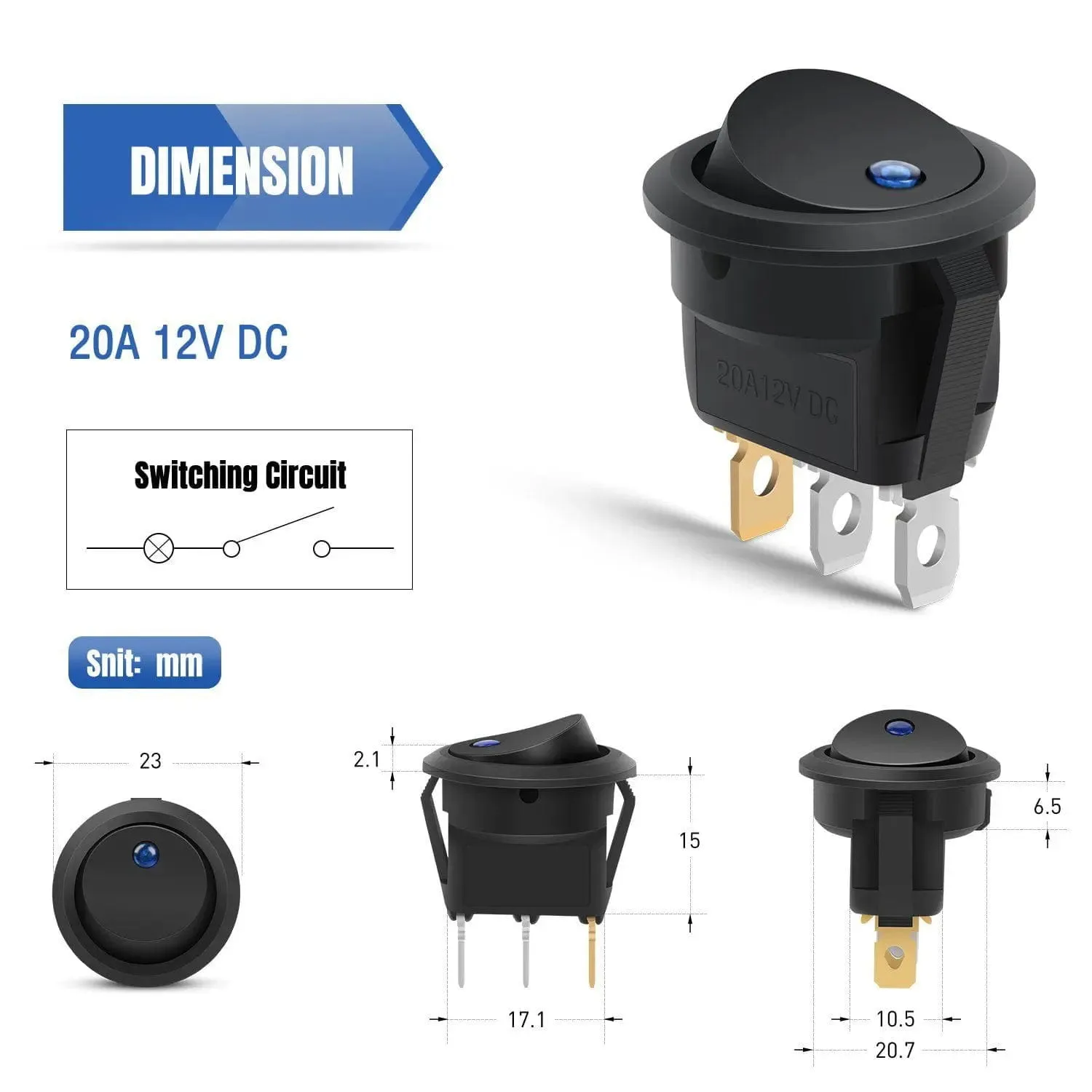 12Pcs 12V 20A Round Blue LED SPST Toggle Switch