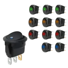 12Pcs 12V 20A Round Blue/Green/Yellow/Red LED SPST Toggle Switch