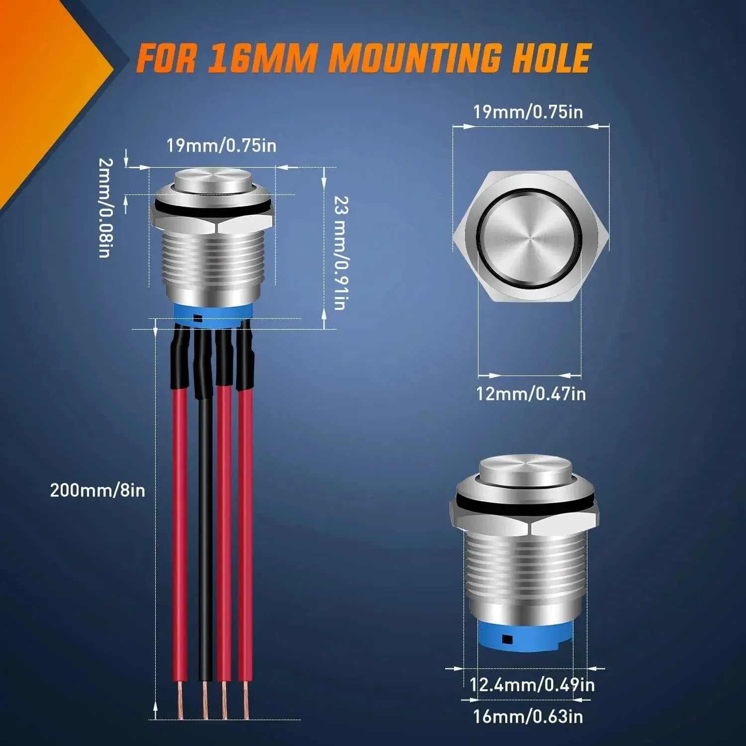 16mm 12V Waterproof ON Off Latching Push Button Switch
