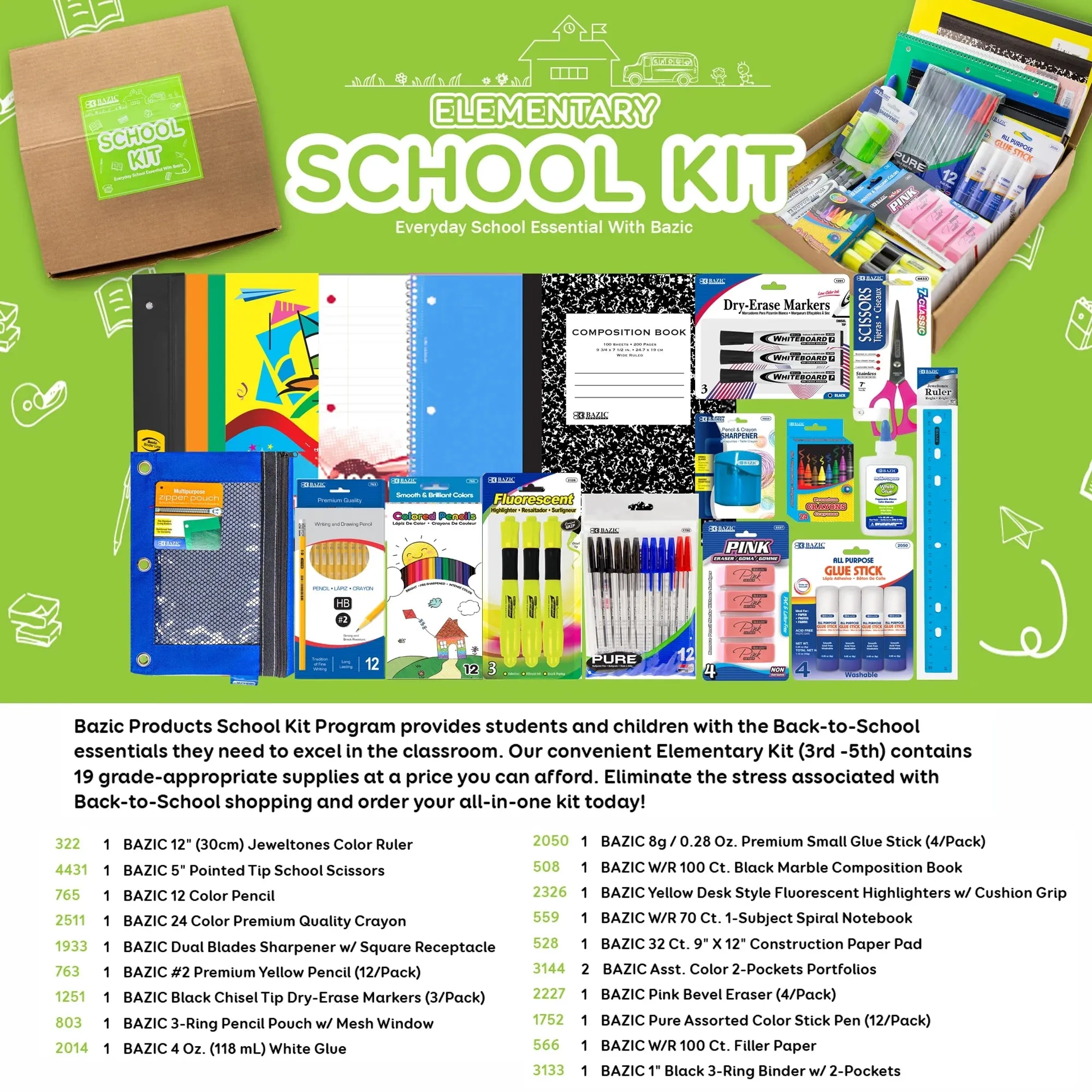 BAZIC School Kit Supplies Kit 86 Count, Bazic Products School Supplies Composition Books for Student 3-6 Grades, Spec May Vary, 1-Pack