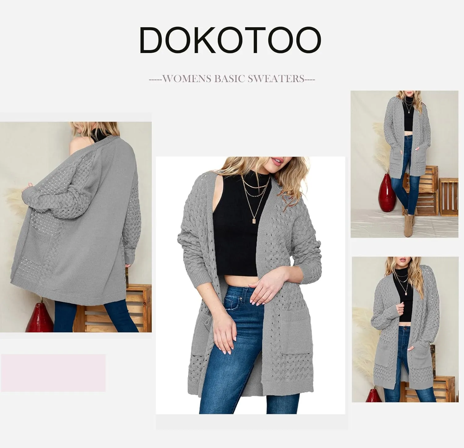 Dokotoo Women's 2024 Fashion Casual Open Front Long Sleeve Chunky Cable Knit Cardigans Sweaters Outerwear Coats with Pockets
