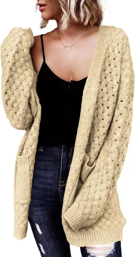 Dokotoo Women's 2024 Fashion Casual Open Front Long Sleeve Chunky Cable Knit Cardigans Sweaters Outerwear Coats with Pockets