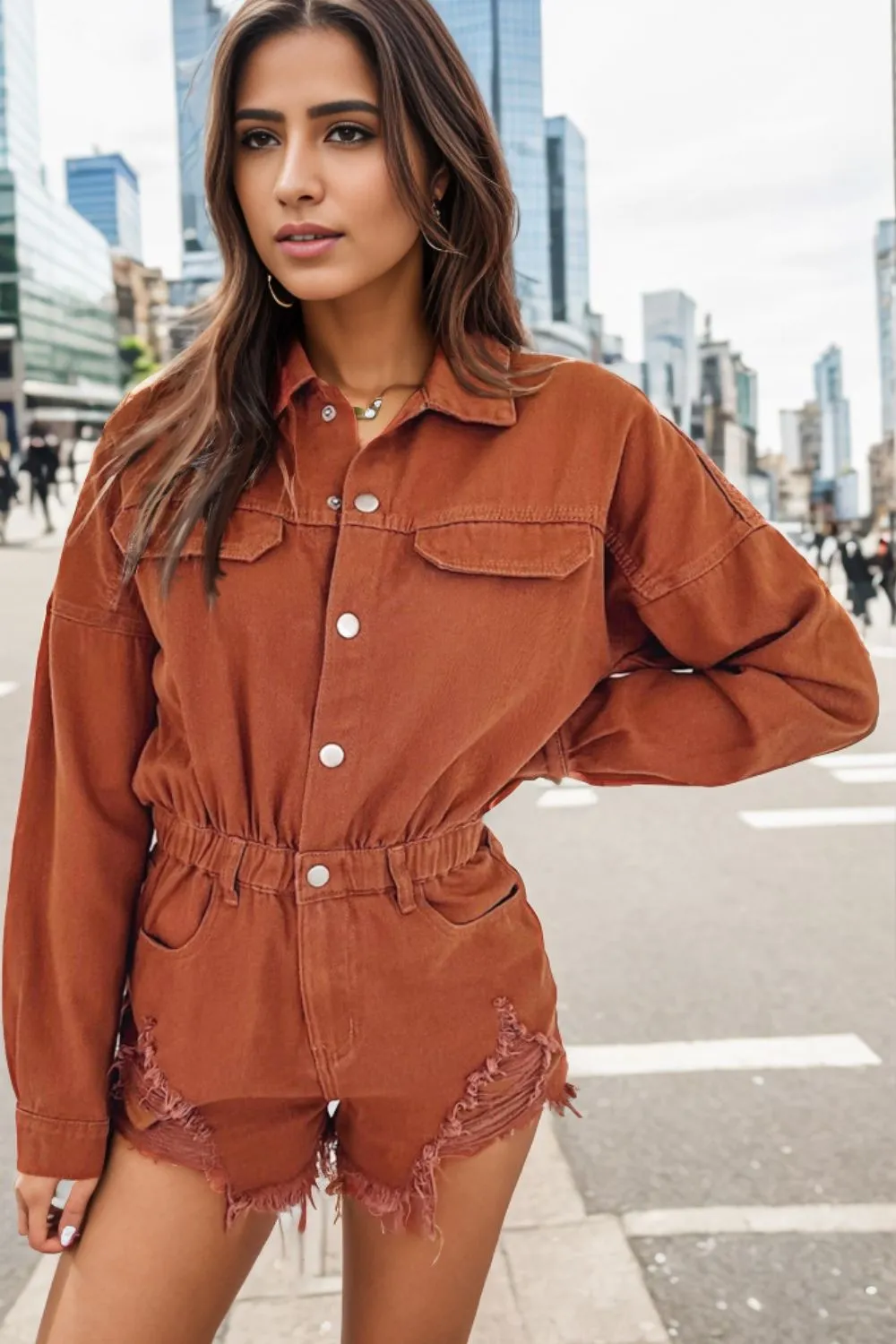 Edgy Distressed Denim Snap Romper with Raw Hem