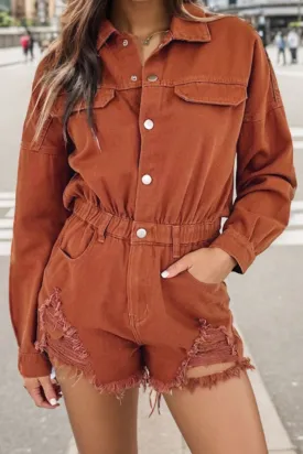 Edgy Distressed Denim Snap Romper with Raw Hem