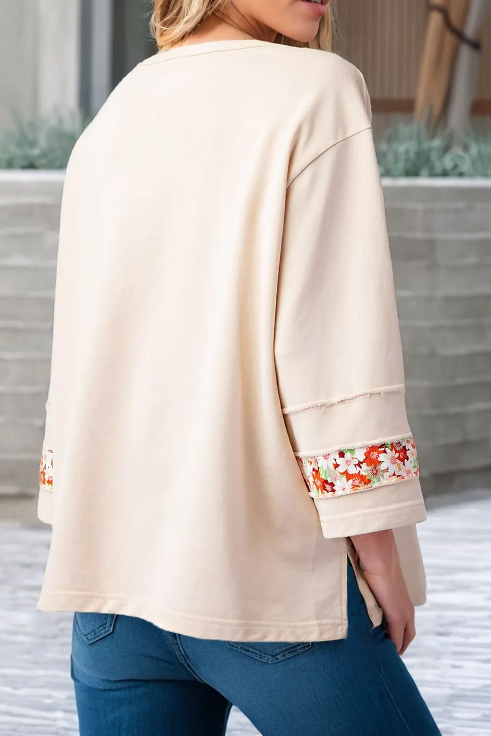 Elena  Flower Patch Graphic Exposed Seam Wide Sleeve Loose Top