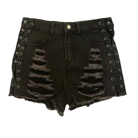 Lace-Up Side Eyelet Black Denim Shorts