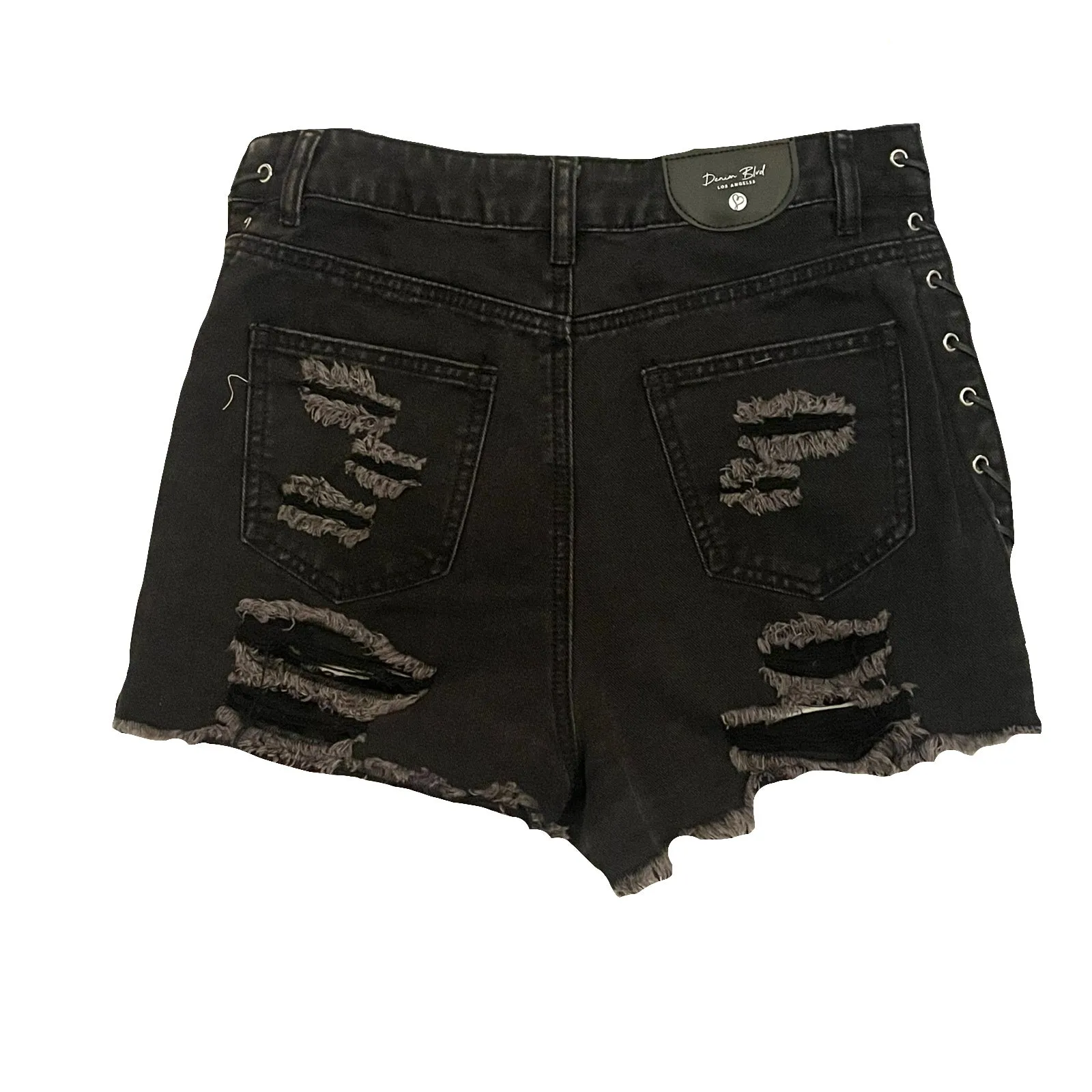 Lace-Up Side Eyelet Black Denim Shorts
