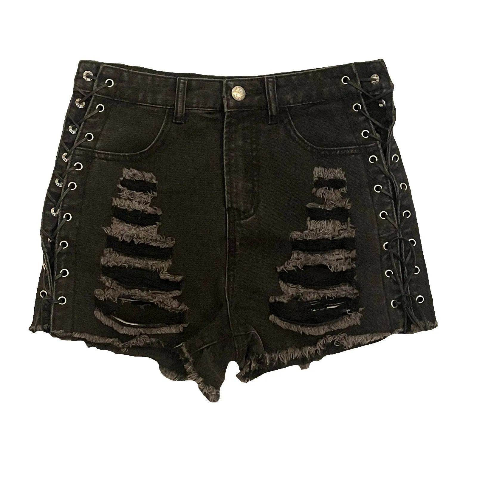 Lace-Up Side Eyelet Black Denim Shorts