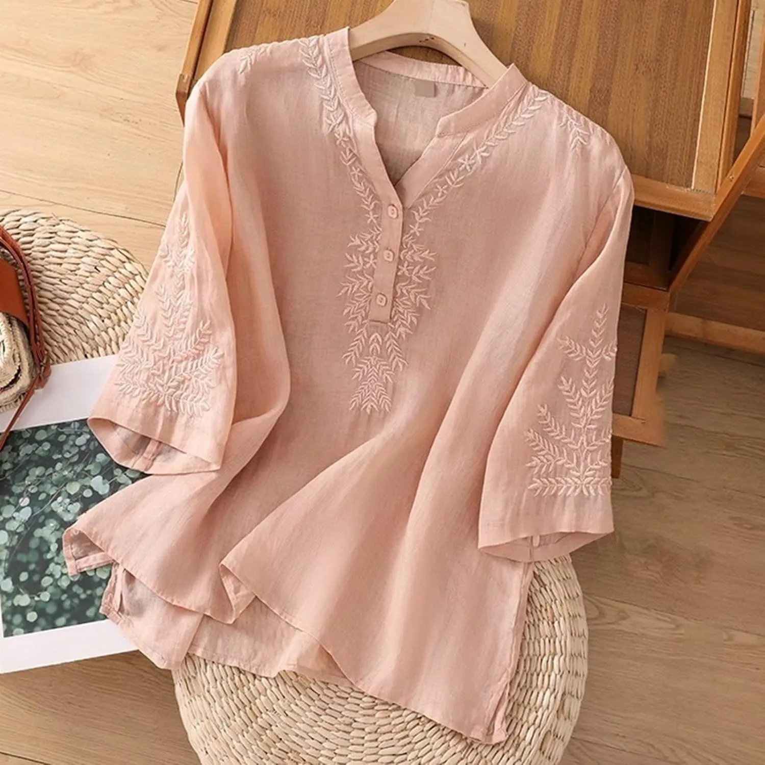 Linen Tops for Women Henley V Neck Summer 3/4 Sleeve Shirts Boho Embroidered Dressy Casual Blouses Loose Vintage Tees