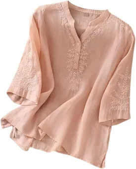 Linen Tops for Women Henley V Neck Summer 3/4 Sleeve Shirts Boho Embroidered Dressy Casual Blouses Loose Vintage Tees