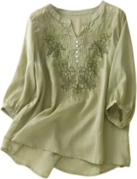 Linen Tops for Women Henley V Neck Summer 3/4 Sleeve Shirts Boho Embroidered Dressy Casual Blouses Loose Vintage Tees