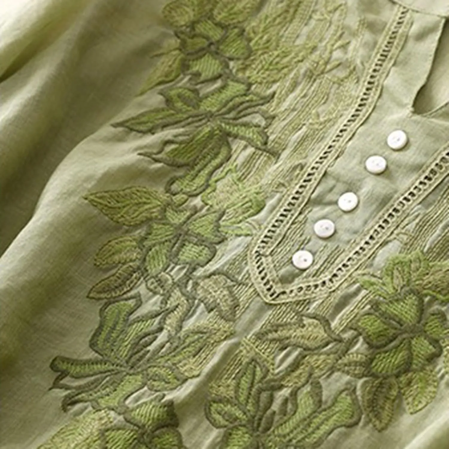 Linen Tops for Women Henley V Neck Summer 3/4 Sleeve Shirts Boho Embroidered Dressy Casual Blouses Loose Vintage Tees