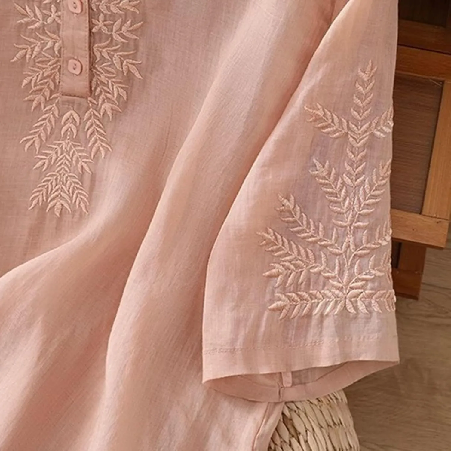 Linen Tops for Women Henley V Neck Summer 3/4 Sleeve Shirts Boho Embroidered Dressy Casual Blouses Loose Vintage Tees