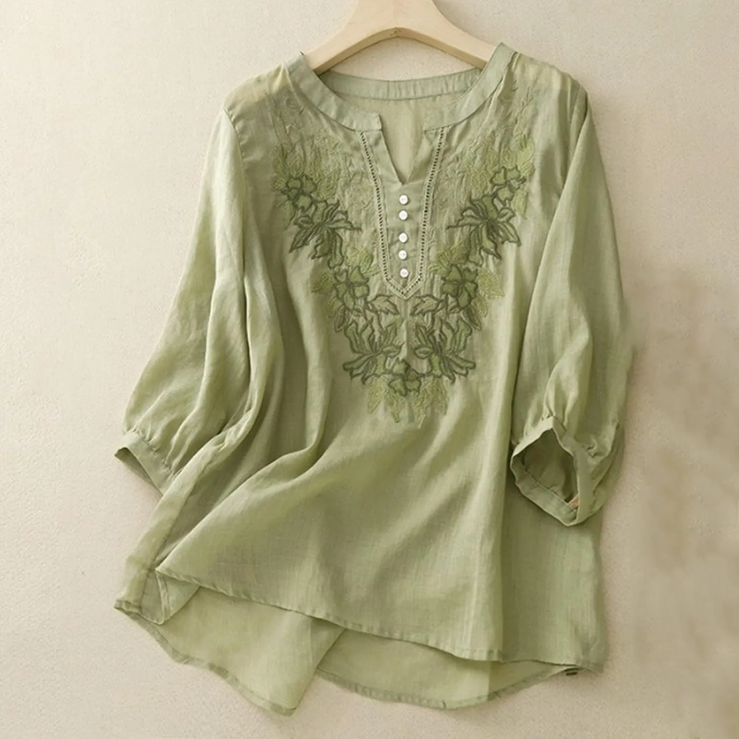 Linen Tops for Women Henley V Neck Summer 3/4 Sleeve Shirts Boho Embroidered Dressy Casual Blouses Loose Vintage Tees
