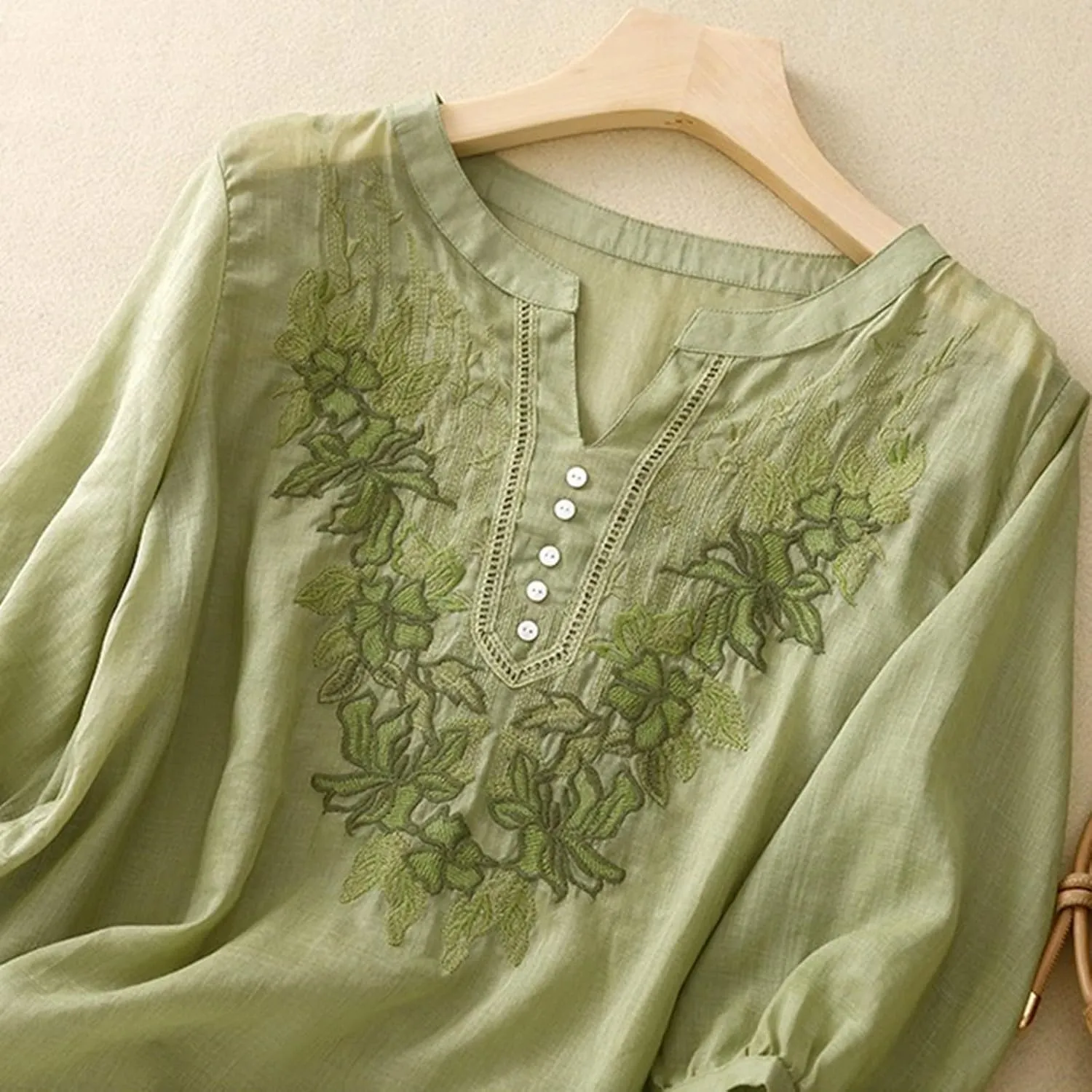 Linen Tops for Women Henley V Neck Summer 3/4 Sleeve Shirts Boho Embroidered Dressy Casual Blouses Loose Vintage Tees