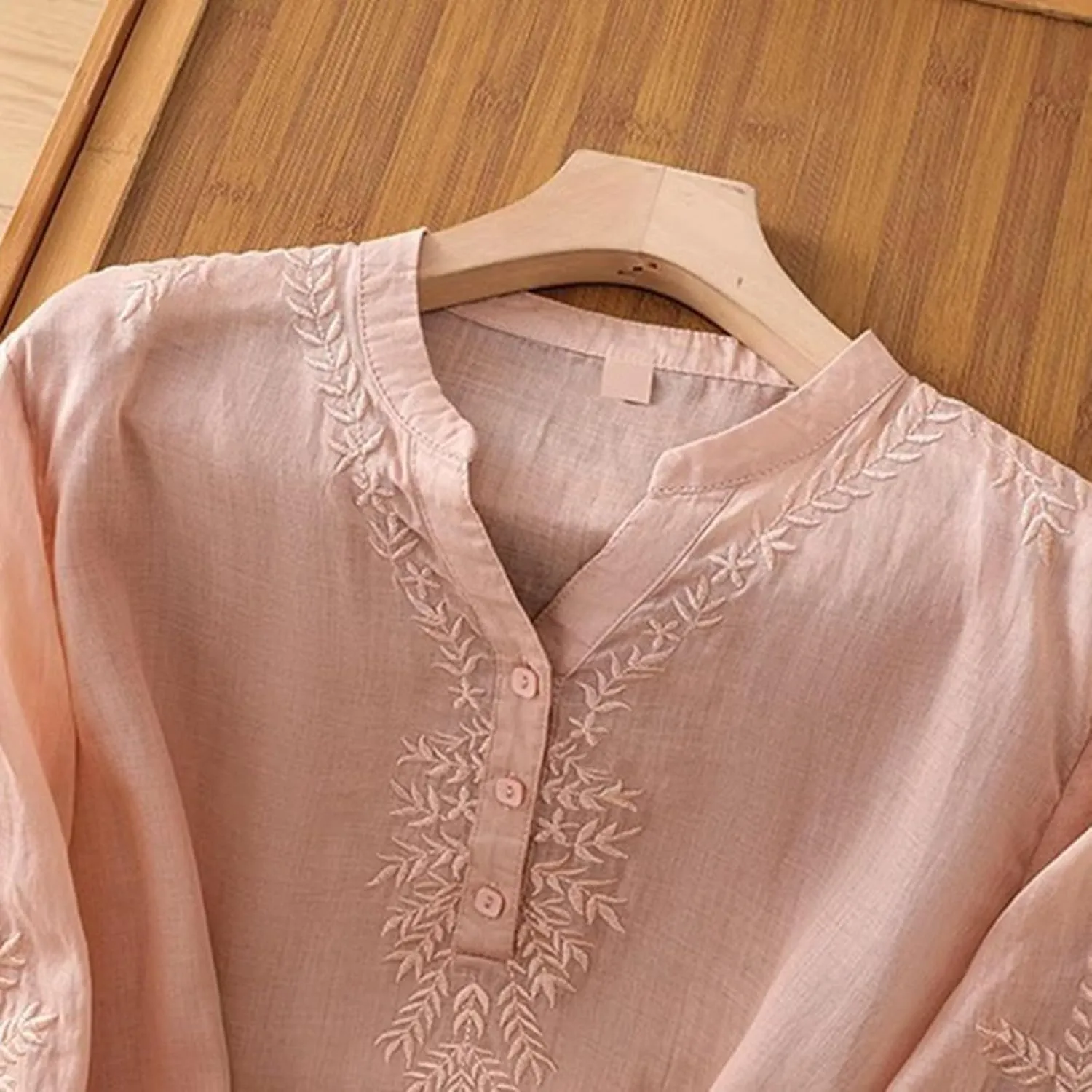 Linen Tops for Women Henley V Neck Summer 3/4 Sleeve Shirts Boho Embroidered Dressy Casual Blouses Loose Vintage Tees