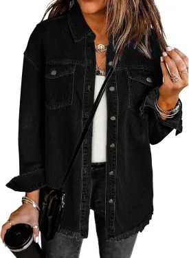 luvamia Denim Jacket for Women Oversized Button Down Casual Jean Shacket Jackets Long Sleeve Frayed Hem Western Trendy