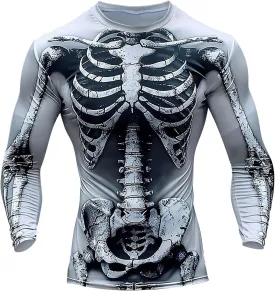 Mens Skeleton Shirt Long Sleeve Funny Skull Rib Cage 3D Print T Shirts Trendy Crew Neck Tshirt Holiday Party Outfits