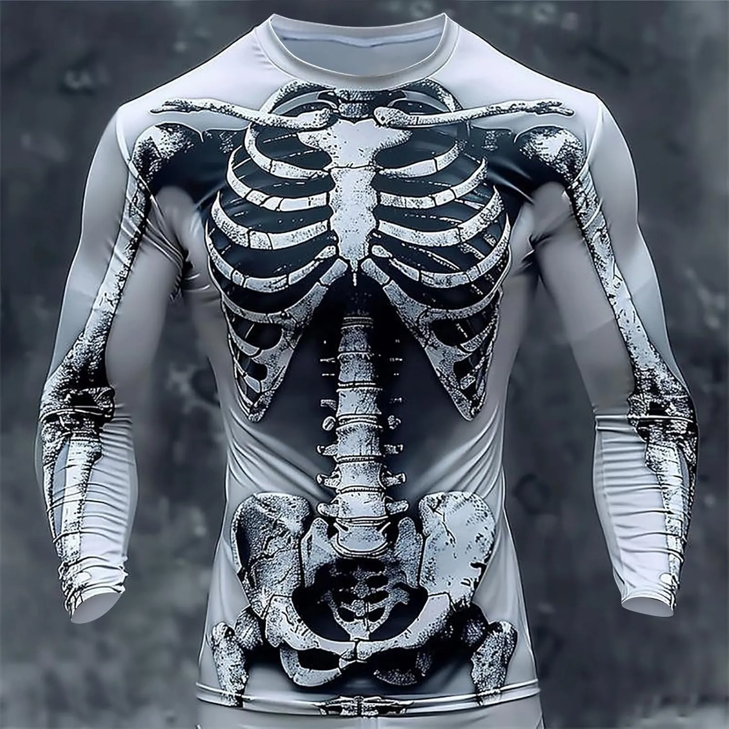Mens Skeleton Shirt Long Sleeve Funny Skull Rib Cage 3D Print T Shirts Trendy Crew Neck Tshirt Holiday Party Outfits