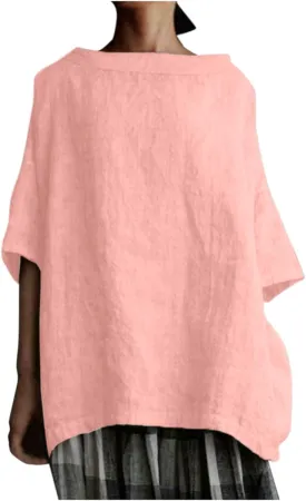 Plus Size Linen Shirts for Women Crewneck 3/4 Sleeve Womens Tops Summer Blouse Casual Tee Shirt Loose Fit Tunic Tshirt