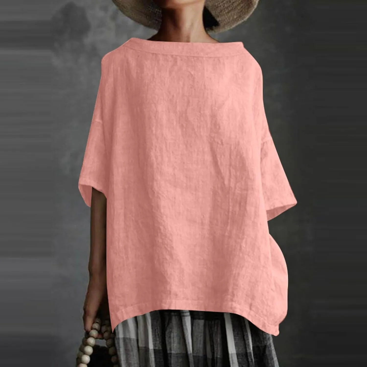 Plus Size Linen Shirts for Women Crewneck 3/4 Sleeve Womens Tops Summer Blouse Casual Tee Shirt Loose Fit Tunic Tshirt