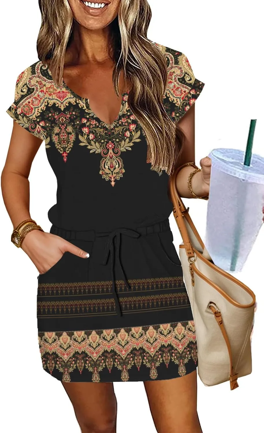 SAUKOLE Women Summer T Shirt Dress Casual Short Sleeve V Neck Dress with Pockets Drawstring Waist Short Dresses