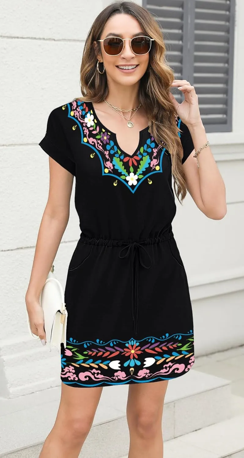 SAUKOLE Women Summer T Shirt Dress Casual Short Sleeve V Neck Dress with Pockets Drawstring Waist Short Dresses