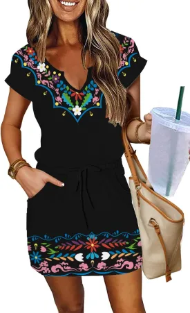 SAUKOLE Women Summer T Shirt Dress Casual Short Sleeve V Neck Dress with Pockets Drawstring Waist Short Dresses