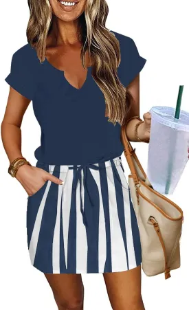 SAUKOLE Women Summer T Shirt Dress Casual Short Sleeve V Neck Dress with Pockets Drawstring Waist Short Dresses