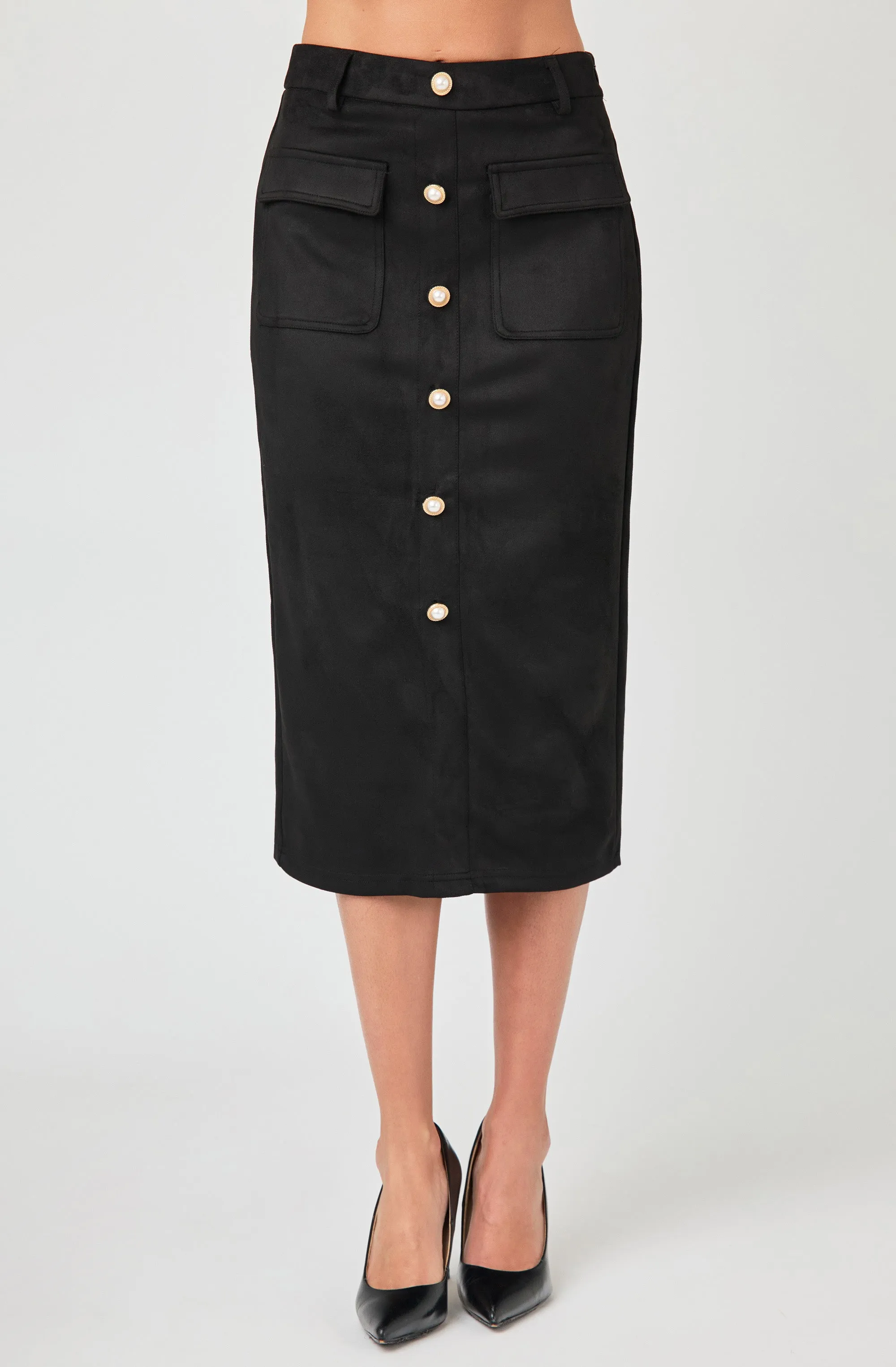 Suede-like Skirt with Pearl Buttons