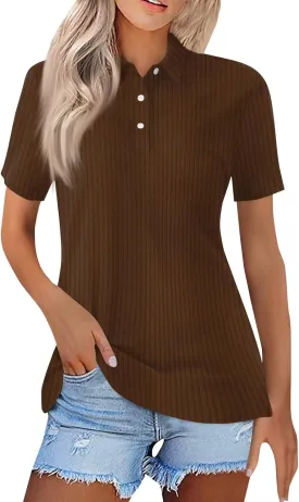 Women Ribbed Polo Shirt Cute Casual Loose Button Collar Short Sleeve Golf Shirts Tennis Work Out Spring Summer