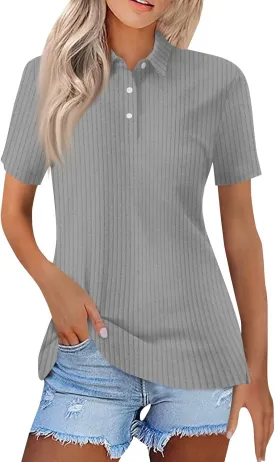 Women Ribbed Polo Shirt Cute Casual Loose Button Collar Short Sleeve Golf Shirts Tennis Work Out Spring Summer