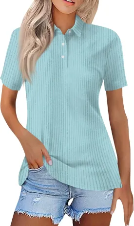 Women Ribbed Polo Shirt Cute Casual Loose Button Collar Short Sleeve Golf Shirts Tennis Work Out Spring Summer