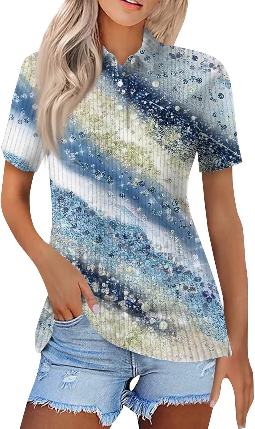 Women Ribbed Polo Shirt Cute Casual Loose Button Collar Short Sleeve Golf Shirts Tennis Work Out Spring Summer