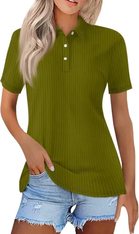 Women Ribbed Polo Shirt Cute Casual Loose Button Collar Short Sleeve Golf Shirts Tennis Work Out Spring Summer