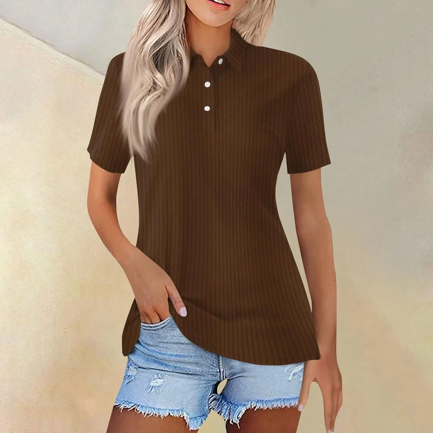 Women Ribbed Polo Shirt Cute Casual Loose Button Collar Short Sleeve Golf Shirts Tennis Work Out Spring Summer