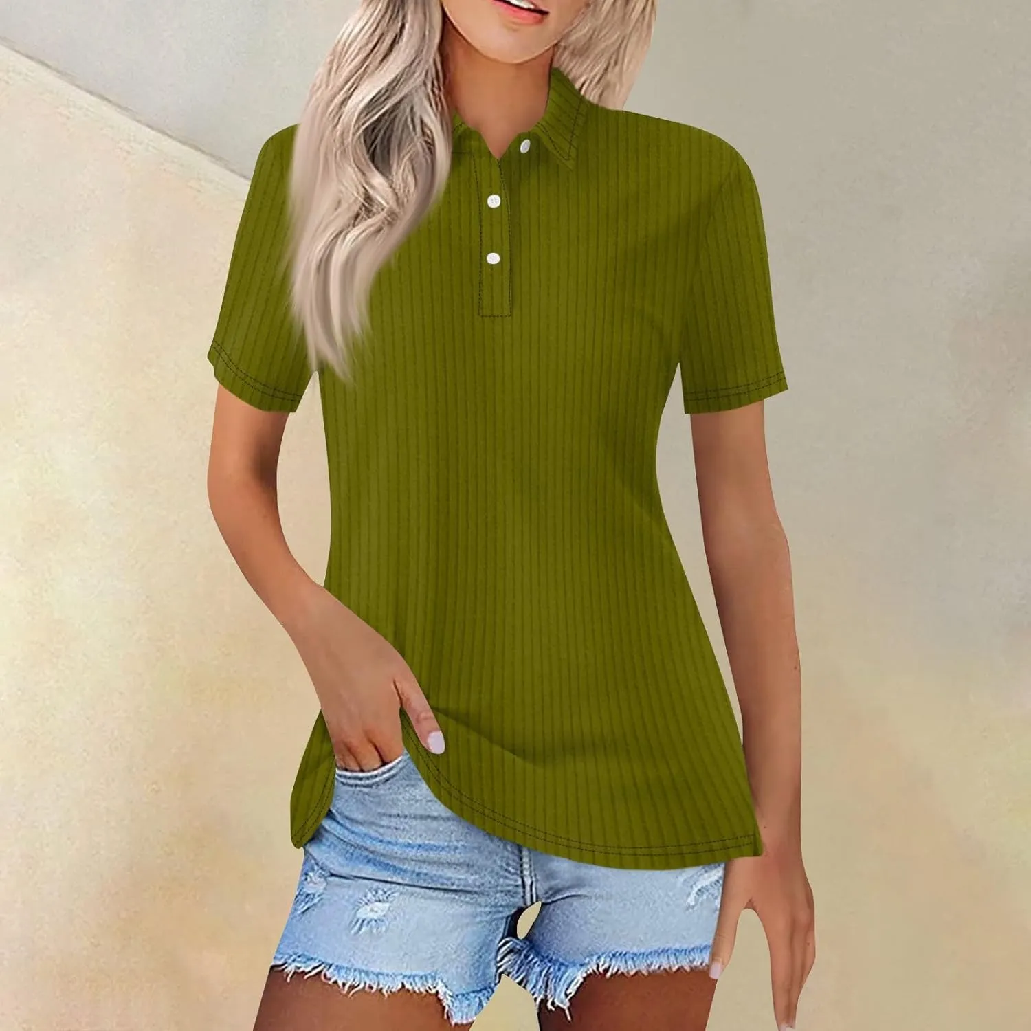 Women Ribbed Polo Shirt Cute Casual Loose Button Collar Short Sleeve Golf Shirts Tennis Work Out Spring Summer