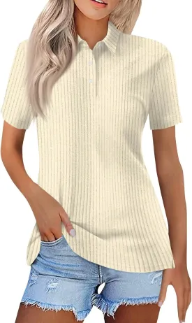 Women Ribbed Polo Shirt Cute Casual Loose Button Collar Short Sleeve Golf Shirts Tennis Work Out Spring Summer