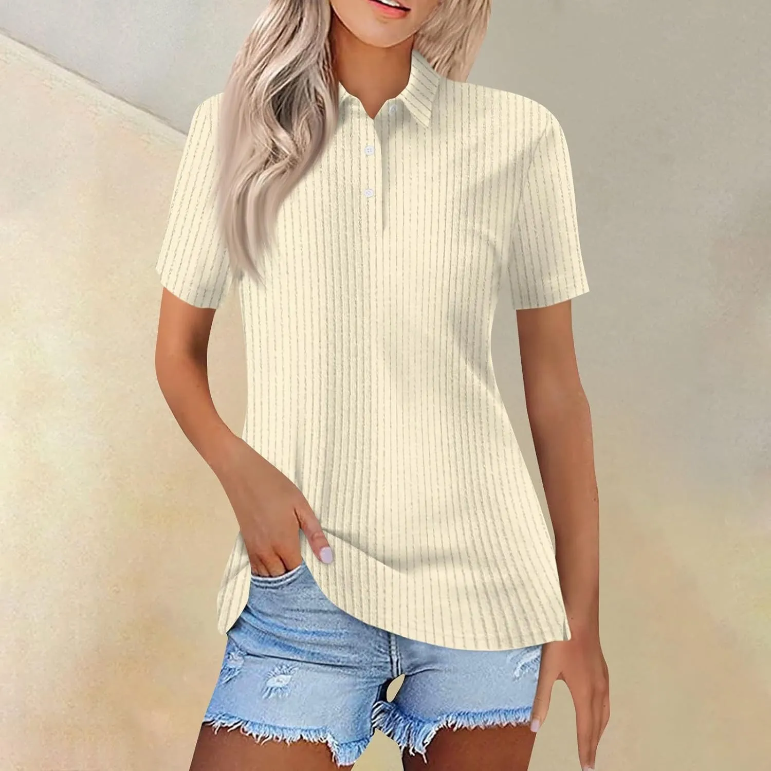 Women Ribbed Polo Shirt Cute Casual Loose Button Collar Short Sleeve Golf Shirts Tennis Work Out Spring Summer