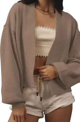 Women's Open Front Cropped Cardigan Lightweight Fall Long Sleeve Waffle Knit Cardigans
