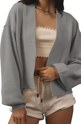 Women's Open Front Cropped Cardigan Lightweight Fall Long Sleeve Waffle Knit Cardigans