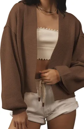 Women's Open Front Cropped Cardigan Lightweight Fall Long Sleeve Waffle Knit Cardigans