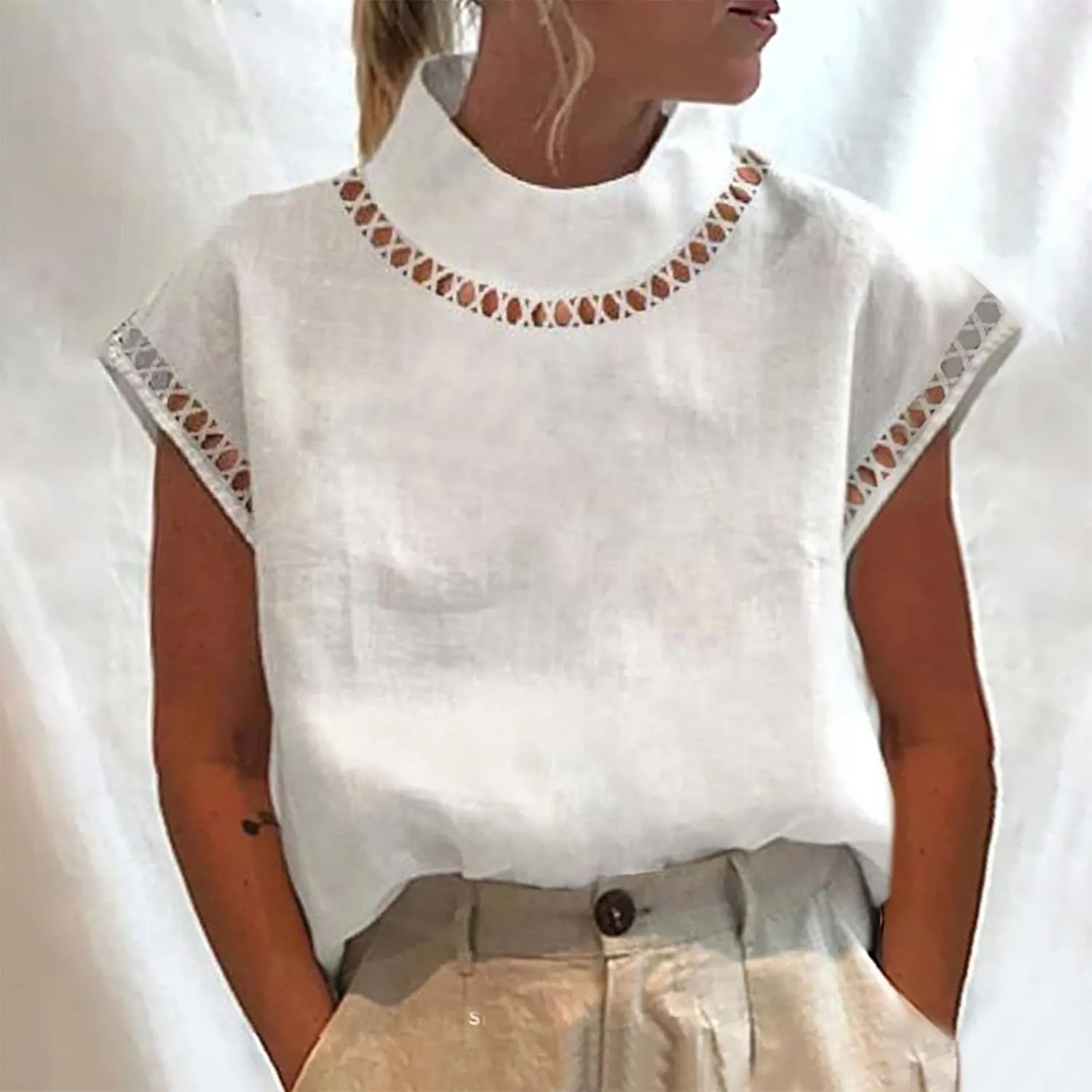 Women's Summer Linen Tops 2025 Cap Sleeve Fashion Shirts Mock Neck Gauze Blouses Plain Basic Tee Loose Fit Pullover