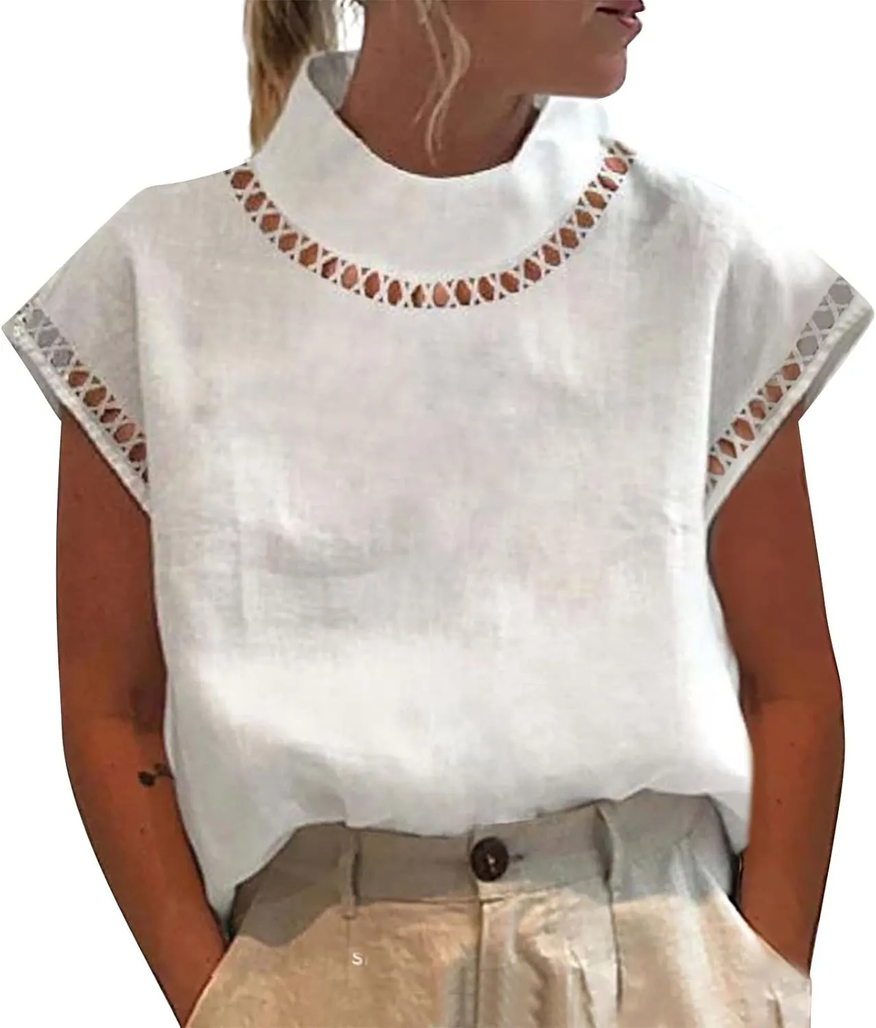 Women's Summer Linen Tops 2025 Cap Sleeve Fashion Shirts Mock Neck Gauze Blouses Plain Basic Tee Loose Fit Pullover