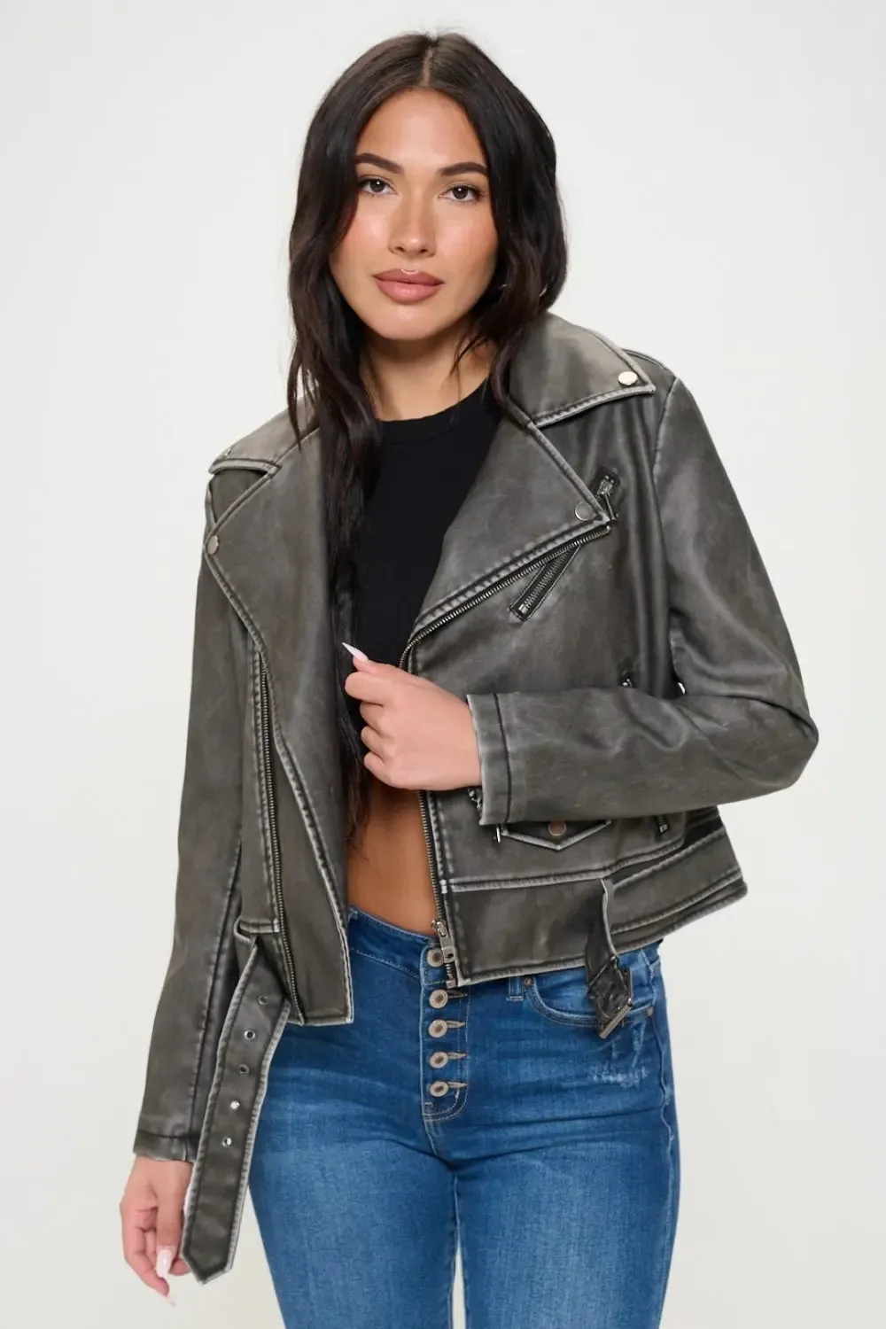 Zip-Up Biker Jacket with Belt – Trendy Jackets for Women